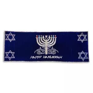 New Sudha Pennathur Blue Velvet hand embroidered Menorah Table Runner Hanukkah